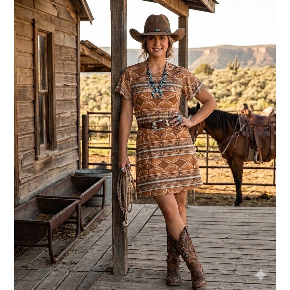 Rock and Roll Denim Womens Brown Southwestern Ribbed Knit T-Shirt Dress Large